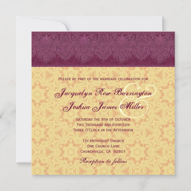Monogram Wedding V30 Gold und Burgund Damask Einladung (Vorderseite)