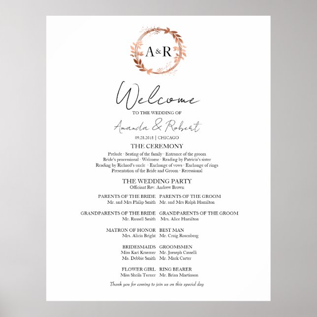 Monogram Wedding Zeremony Program Sign Foton Board Poster (Vorne)