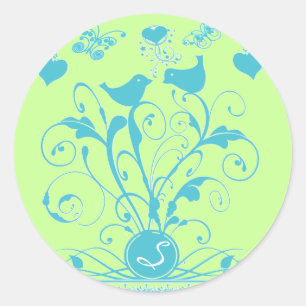 Monogram Wedds Hearts Wirbel Aqua Blue Runder Aufkleber