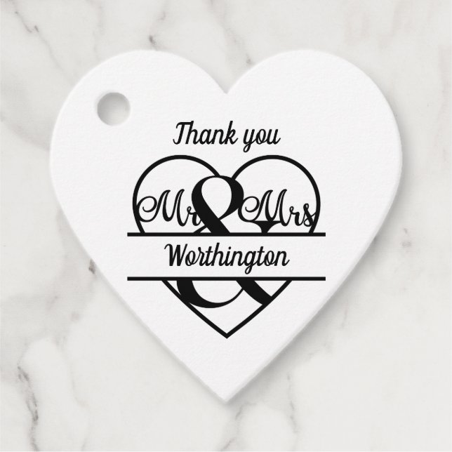 Monogram Wedname Heart Schwarz-weiß Danke Geschenkanhänger (Vorderseite)
