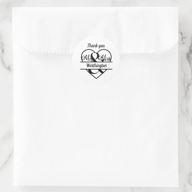 Monogram Wedname Heart Schwarz-weiß Danke Runder Aufkleber (Tasche)