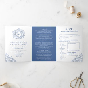 Monogram-weiße Blätter Hochzeit All-in-One  Dreifach Gefaltete Einladung