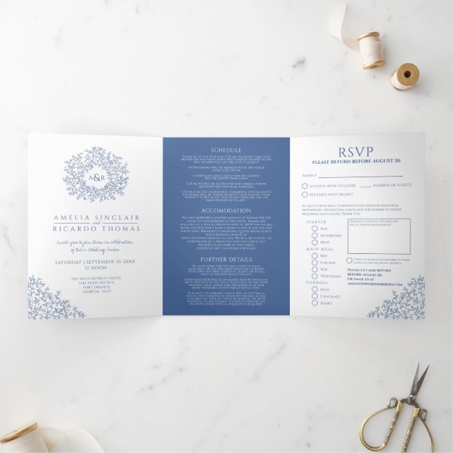 Monogram-weiße Blätter Hochzeit All-in-One Dreifach Gefaltete Einladung (Innenseite)