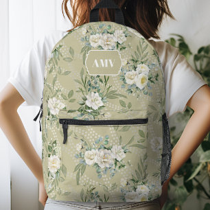 Monogram, weiße Floral- und Wavy-Punkte Bedruckter Rucksack