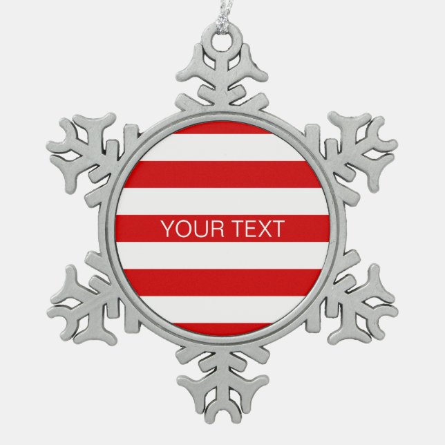 Monogram, weißer, horizontaler Preppy-Strip Schneeflocken Zinn-Ornament (Vorderseite)