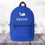 Monogram, Whale Name Modern Minimal Royal Blue Bedruckter Rucksack<br><div class="desc">Ein individuelles Design auf einem königsblauen Hintergrund mit einem weißen Wal Motiv-Symbol,  das leicht durch das Hochladen Ihres eigenen Logos,  Bildes oder Motivs ersetzt werden kann! Der personalisierte Monogramm-Name in der weißen,  modernen Blocktypografie kann durch Ihren eigenen Namen oder benutzerdefinierten Text ersetzt werden. Das perfekte Geschenk oder Accessoire!</div>