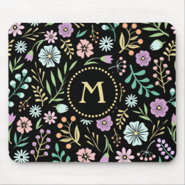 Monogram Whimsical Blume auf Black Mousepad