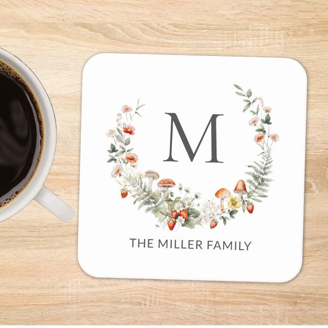 Monogram Whimsical Watercolor Floral Botanical Rechteckiger Pappuntersetzer (In situ)