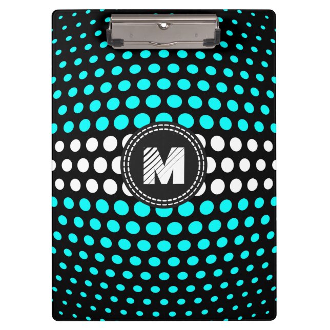 Monogram White & Aqua Polka Dots Muster Klemmbrett (Vorderseite)