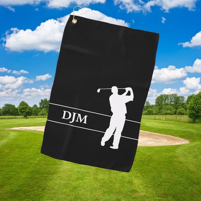 Monogram White auf Black Silhouette Golfer Golfhandtuch (Von Creator hochgeladen)