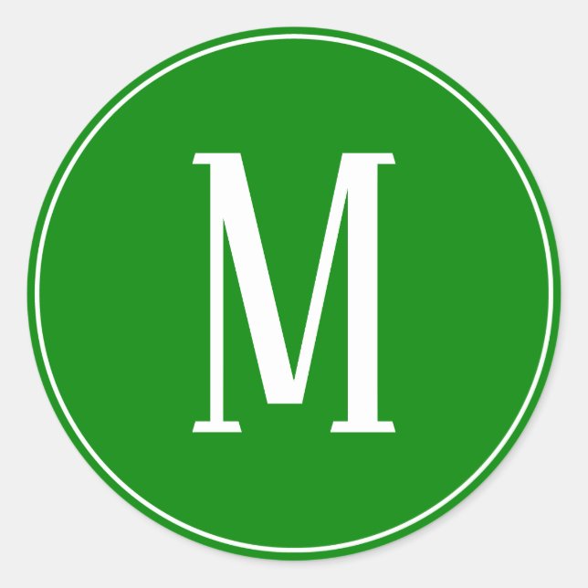 Monogram White auf Green Round Aufkleber (Vorderseite)