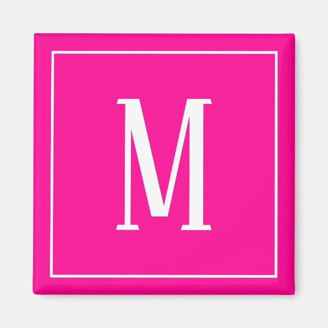 Monogram White auf Hot Pink Square Magnet (Vorne)