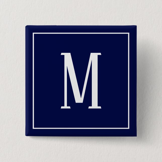 Monogram White auf Navy Blue Square Button (Vorderseite)
