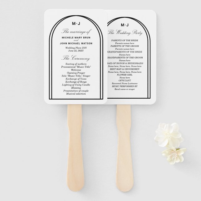Monogram White Black Simple Arch Wedding Program Fächer (Vorne und Hinten)