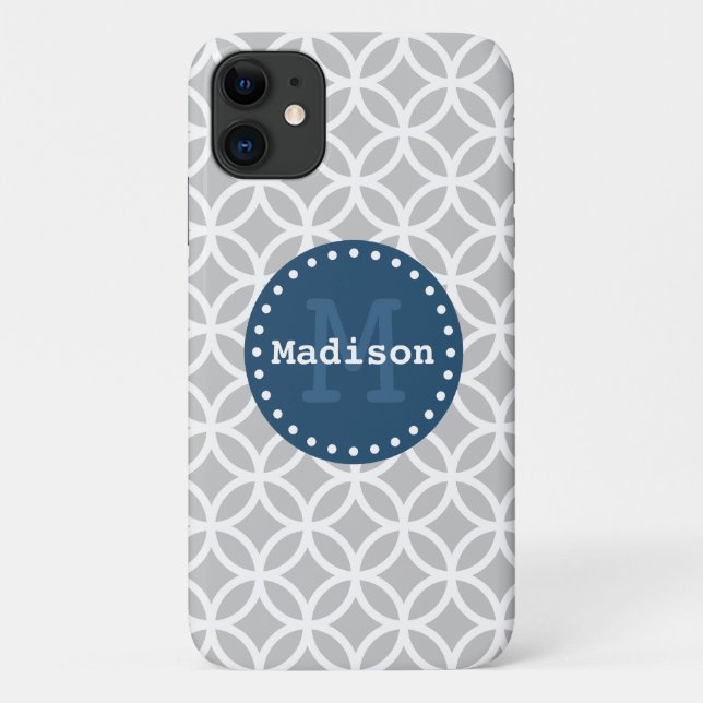 Monogram, White Blue Modern Circles Case-Mate iPhone Hülle (Rückseite)