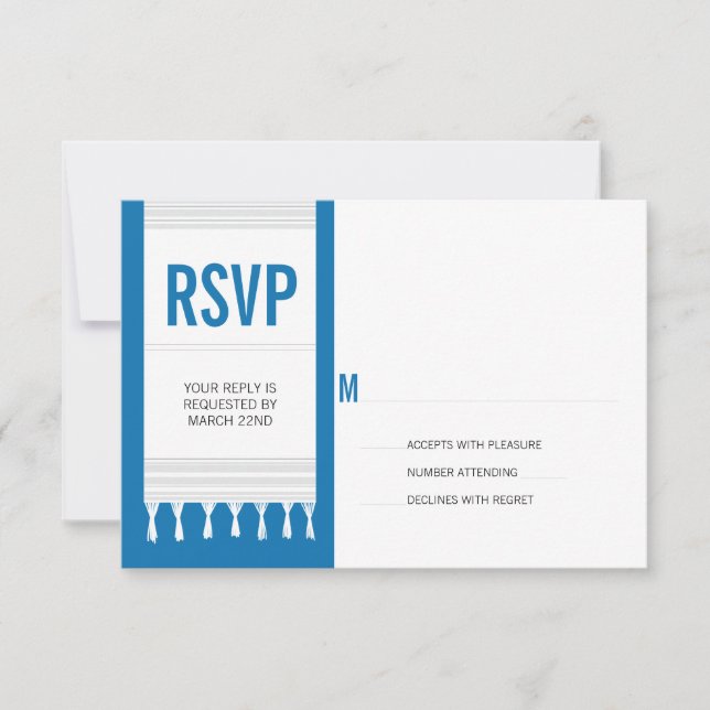 Monogram White Blue Tallit Bar Mitzvah UAWG Reply RSVP Karte (Vorderseite)