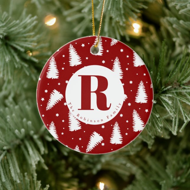 Monogram White Christmas Trees Keramik Ornament (Baum)