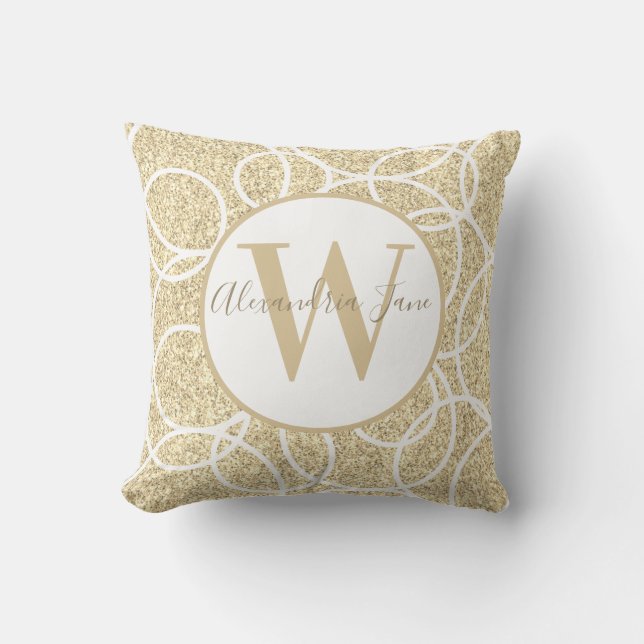 Monogram White Circle Gold Glitzer Moderner Abstra Kissen (Vorderseite)