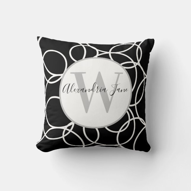 Monogram White Circles Black Modern Abstrakt Kissen (Vorderseite)