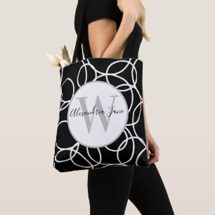 Monogram White Circles Black Modern Abstrakt Tasche