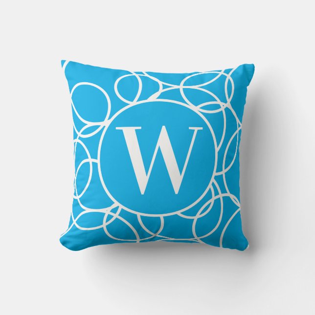 Monogram White Circles Sky Blue Modern Abstrakt Kissen (Vorderseite)