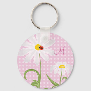 Monogram White Daisies und Lady Bug Polka Dot Pink Schlüsselanhänger