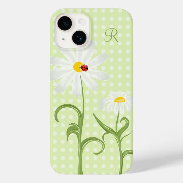 Monogram White Daisy und Lady Bug Polka Dot Green Case-Mate iPhone Hülle (Rückseite)