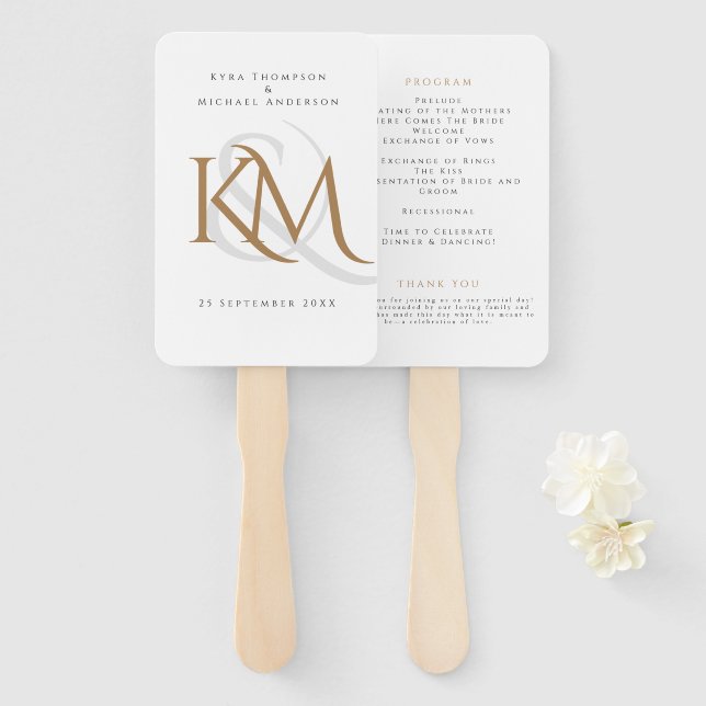 Monogram White Gold Modern Simple Wedding Program Fächer (Vorne und Hinten)