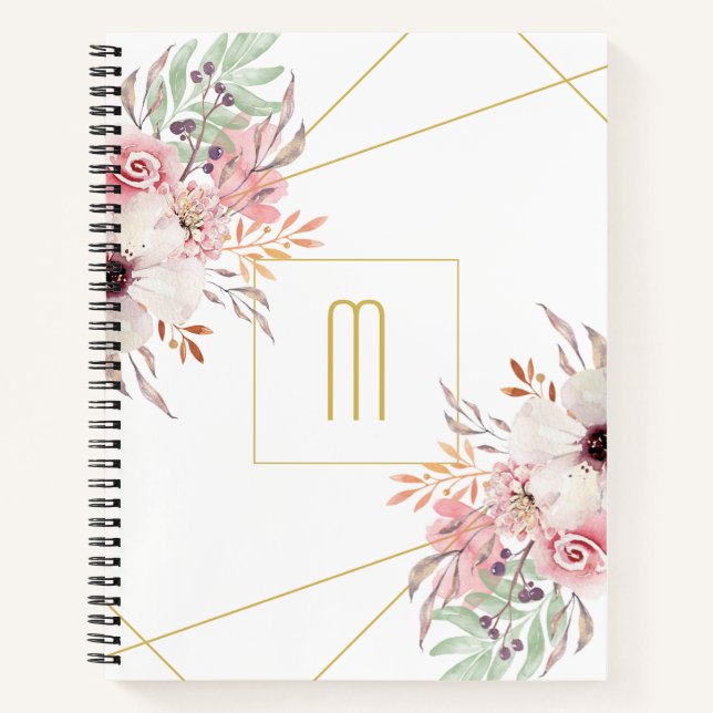 Monogram White Gold | Pink Floral Notizbuch (Vorderseite)