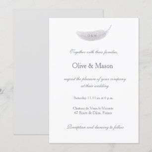 Monogram White Gray Angel Feather Elegant Wedding Einladung