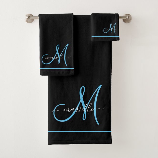 Monogram White Initial Blue Script Name Badhandtuch Set (Insitu)