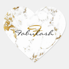Monogram White Marble Gold Glitzer Name Heart Herz-Aufkleber