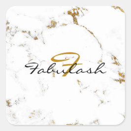 Monogram White Marble Gold Glitzer Name Square Quadratischer Aufkleber