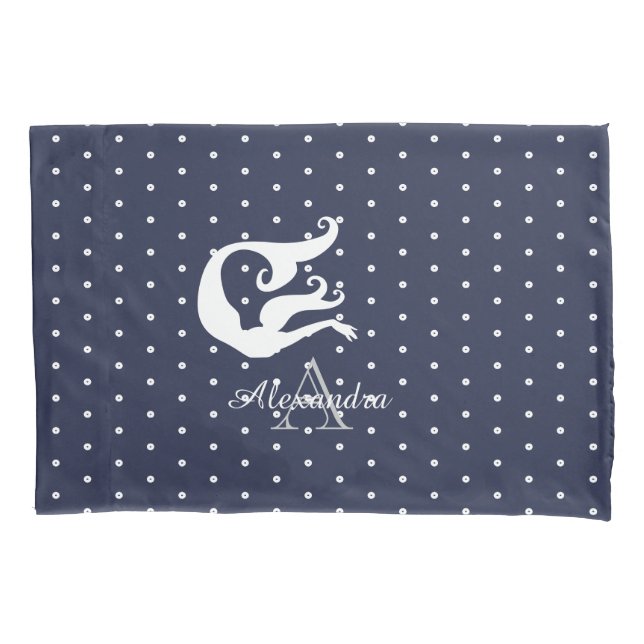 Monogram White Meerjungfrau auf Marineblau Kissenbezug (Vorderseite)