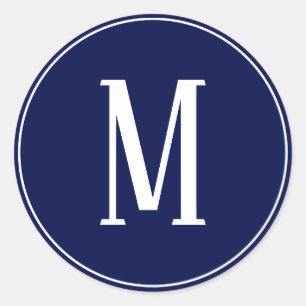Monogram White on Navy Blue Round Aufkleber