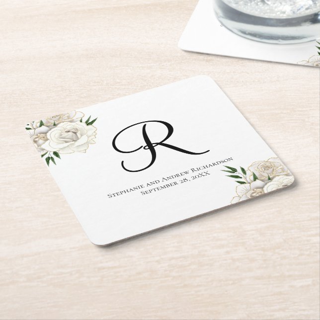 Monogram White Roses Floral Elegante Hochzeit Rechteckiger Pappuntersetzer (angewinkelt)