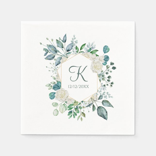 Monogram White Roses Greenery Eucalyptus Wedding Serviette (Vorderseite)