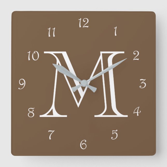Monogram White Script Numbers On Brown wccn Quadratische Wanduhr (Vorderseite)