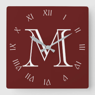 Monogram White Script Roman Numbers On Red wccn Quadratische Wanduhr