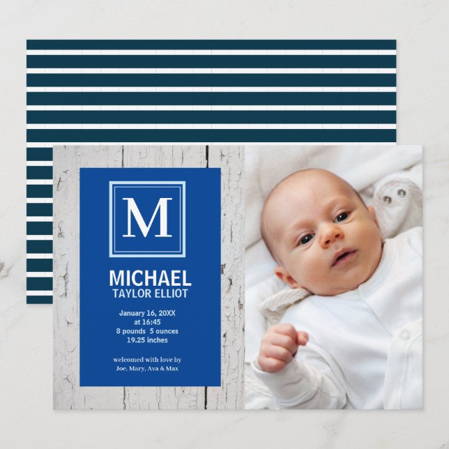Monogram White Stripe Foto Baby Boy Birth Ankündigung (Vorne/Hinten)