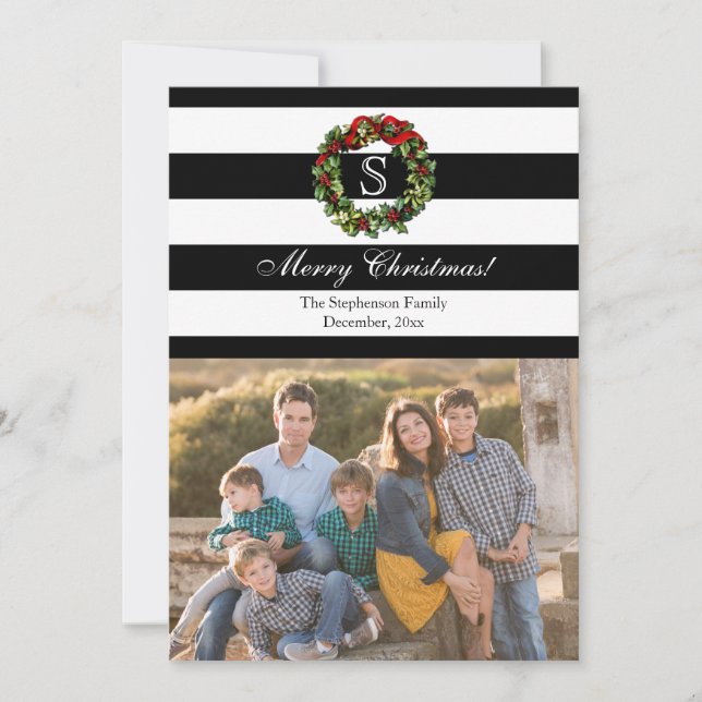 Monogram Wide Strip Weihnachts-Foto Feiertagskarte (Vorderseite)