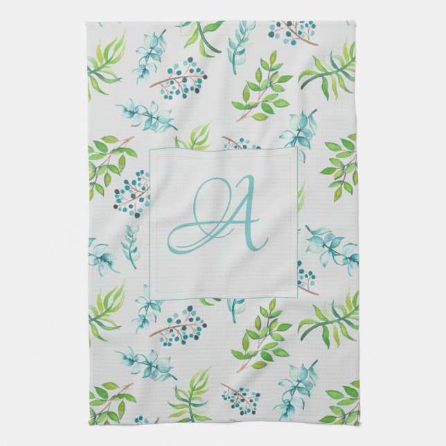Monogram Wildblumen Blau-Grüne Hochzeitdekor Geschirrtuch (Vertikal)