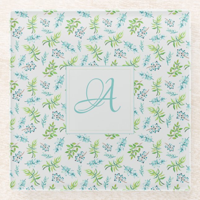 Monogram Wildblumen Blau-Grüne Hochzeitdekor Glasuntersetzer (Vorderseite)