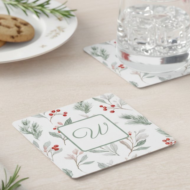 Monogram Winter Botanical Paper Drink Coaster Rechteckiger Pappuntersetzer (Holiday party drink coaster)