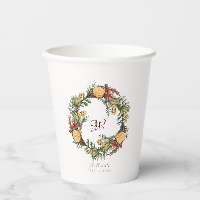 Monogram Winter Christmas Wreath Baby Shooter Pappbecher (Vorderseite)