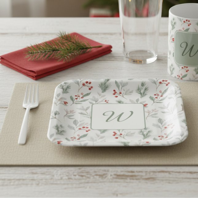Monogram Winter Foliage Holiday  Pappteller (Monogram holiday paper plates)