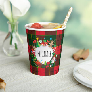 Monogram Winter Holiday Christmas Scottish Pattern Pappbecher