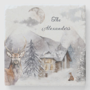 Monogram Winter Rustic Mountain Forest Water Steinuntersetzer