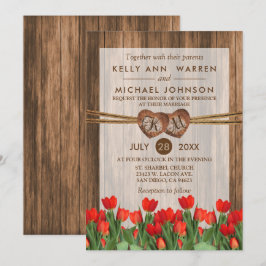 Monogram Wood Hearts with Red Tulips Einladung