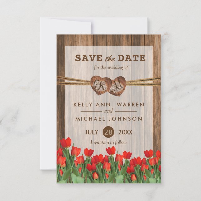 Monogram Wood Hearts with Red Tulips Save The Date (Vorderseite)